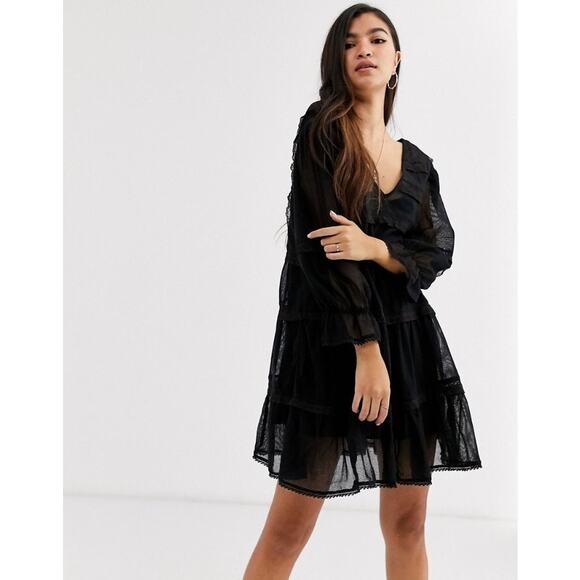 Free People Berlin Sheer Mini Dress Black Sz SP Whimsygoth Boho Fesitval - Picture 1 of 13